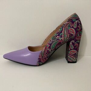 Lavender Paisley Pointed Toe Block Heels • Boho Chic Statement Pumps • Size 37